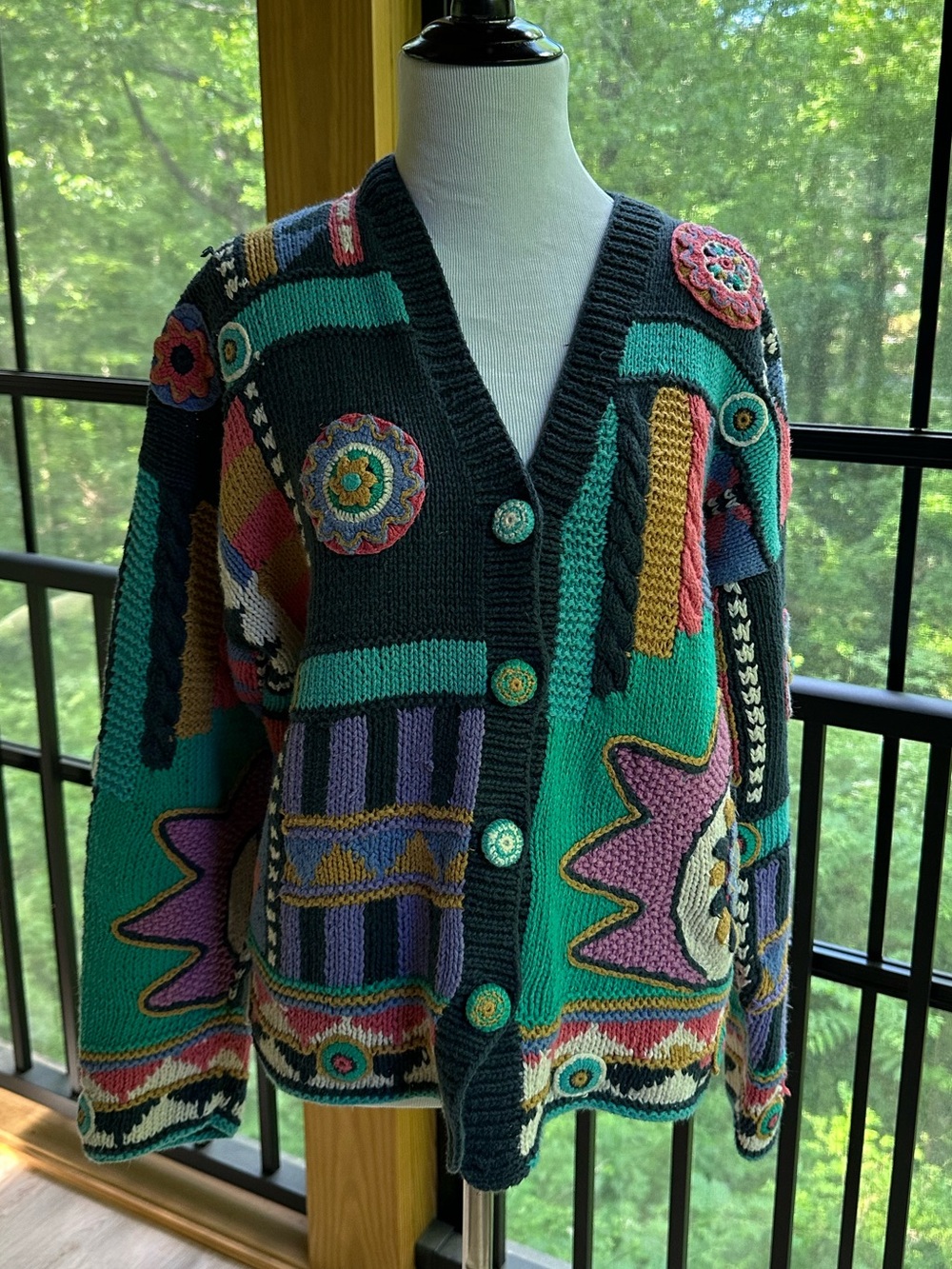 Hand-Knit Patchwork 80s 90s Bold Graphic Quirky Maximalist Oversized Sweater ~ M - Picture 17 of 17